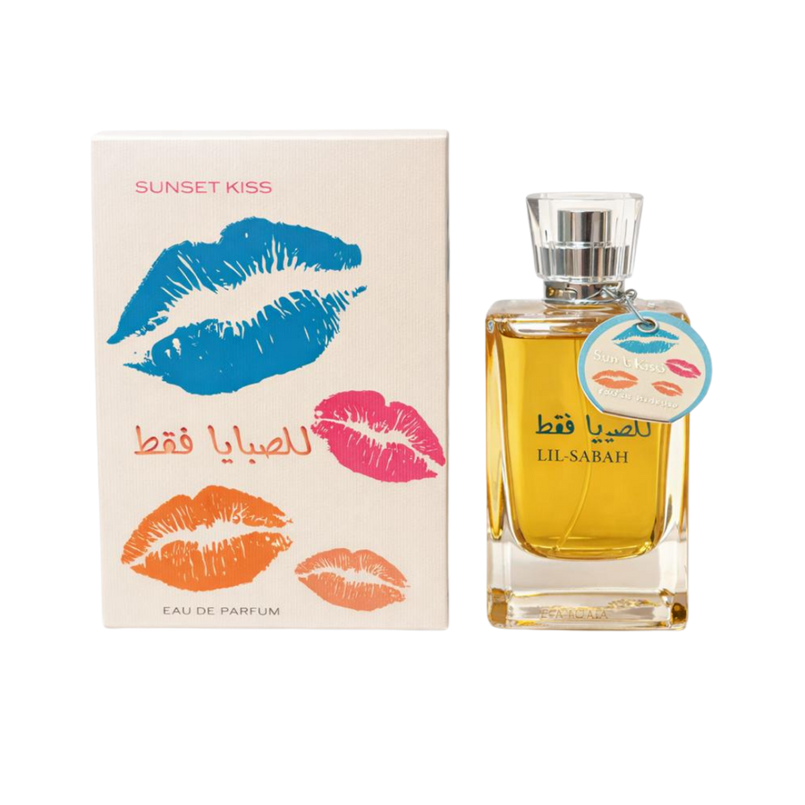 Lil Sabah Sunset Kiss eau de parfum bottle with clear glass and matching box with lip prints