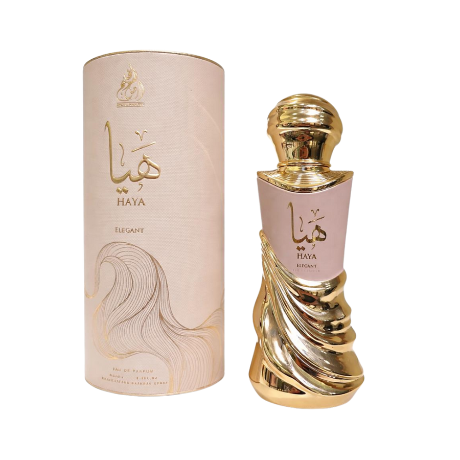 Ard Al Zaafaran Haya Elegant eau de parfum bottle with gold cap and pink cylindrical box