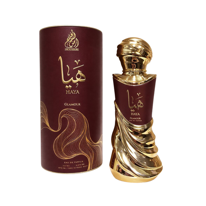 Ard Al Zaafaran Haya Glamour eau de parfum bottle with gold cap and maroon cylindrical box