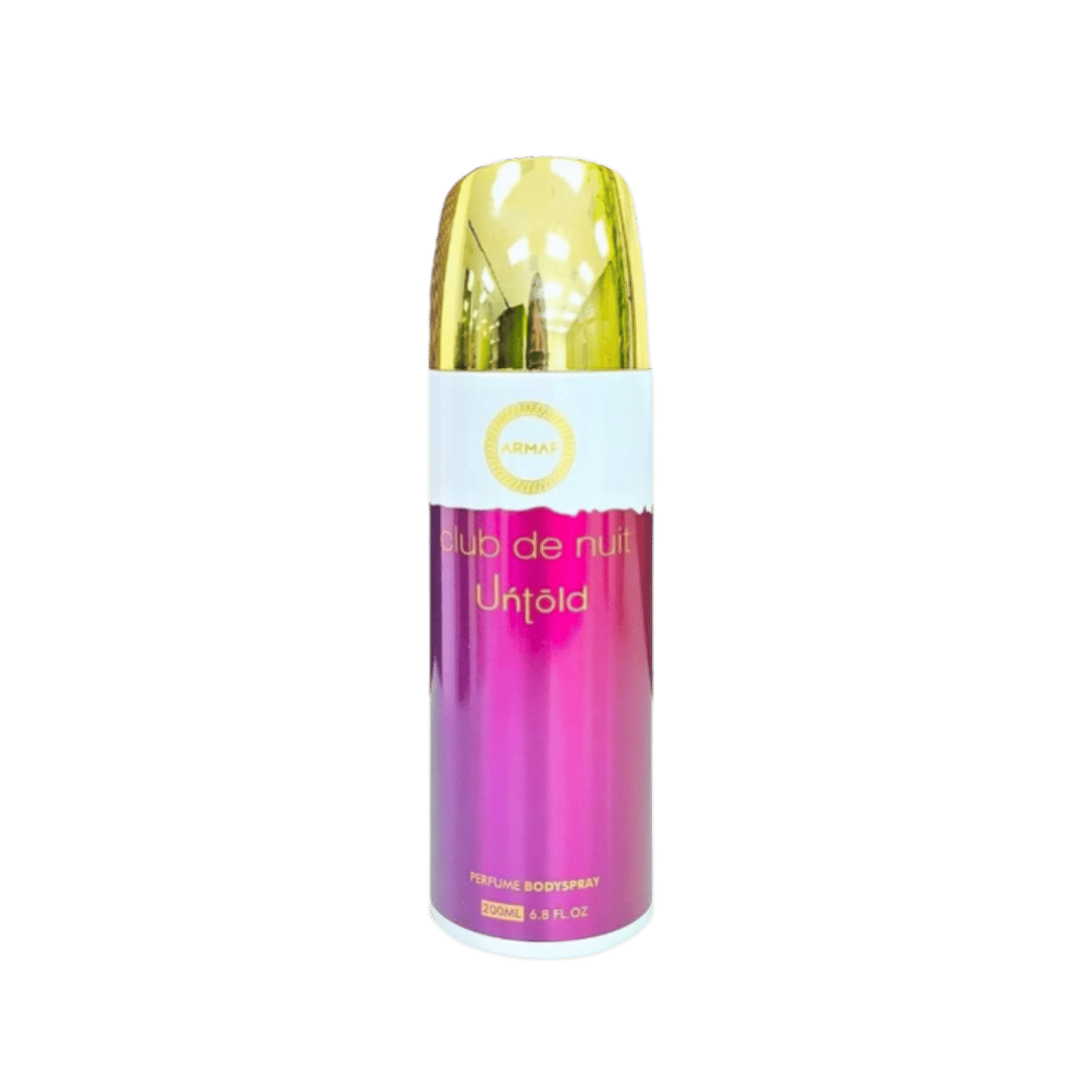 Armaf Club de Nuit Untold perfume body spray 200ml can with gold cap and pink gradient design