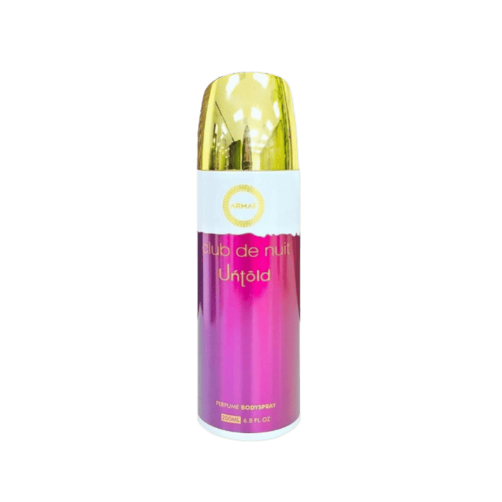 Armaf Club de Nuit Untold perfume body spray 200ml can with gold cap and pink gradient design