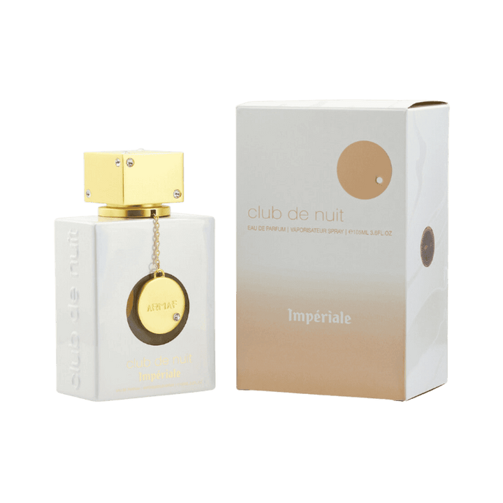 Armaf Club de Nuit Impériale eau de parfum spray bottle with box, white and gold design, 105ml fragrance packaging.
