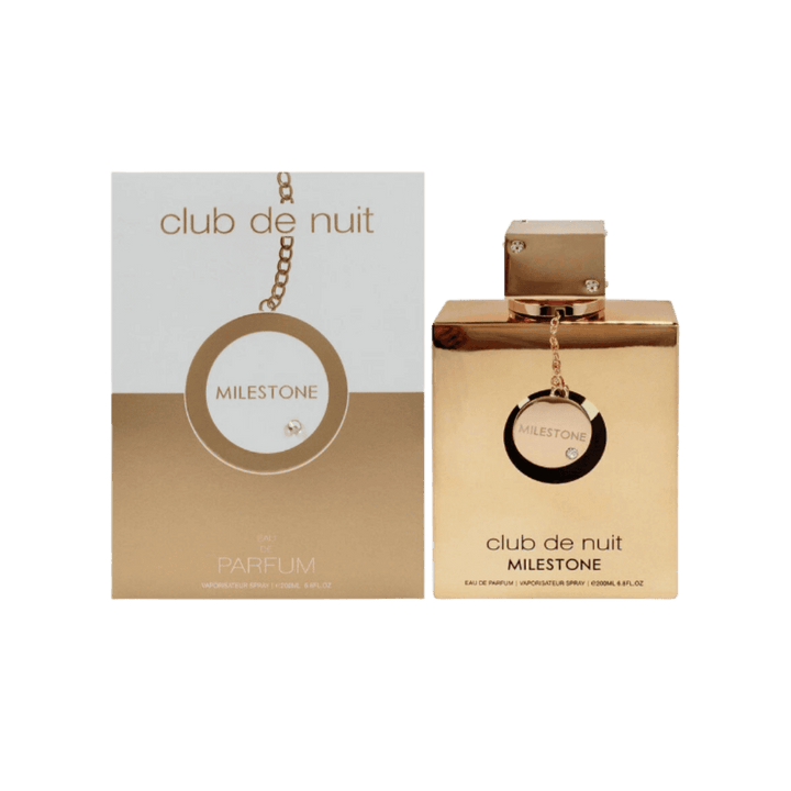 Armaf Club de Nuit Milestone eau de parfum spray bottle with box, gold metallic design, 200ml fragrance packaging.
