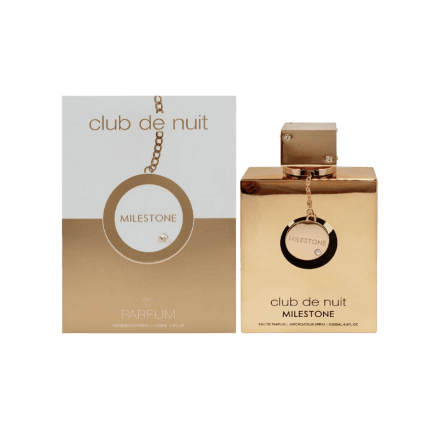 Armaf Club de Nuit Milestone eau de parfum spray bottle with box, gold metallic design, 200ml fragrance packaging.