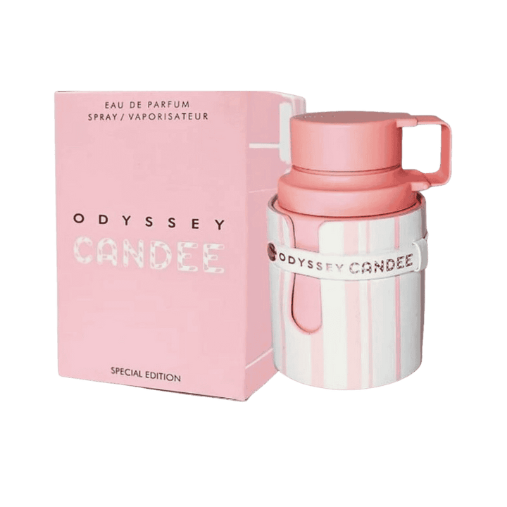 Odyssey Candee eau de parfum spray bottle with pink cylindrical container and matching pink box