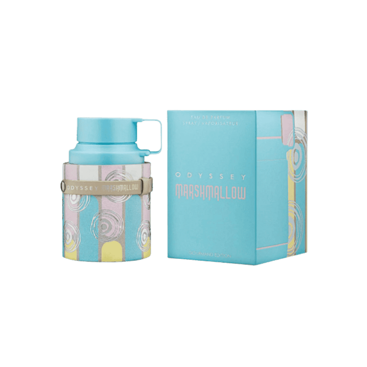 Odyssey Marshmallow eau de parfum spray bottle with box, colorful design fragrance packaging, Gourmand Edition perfume.