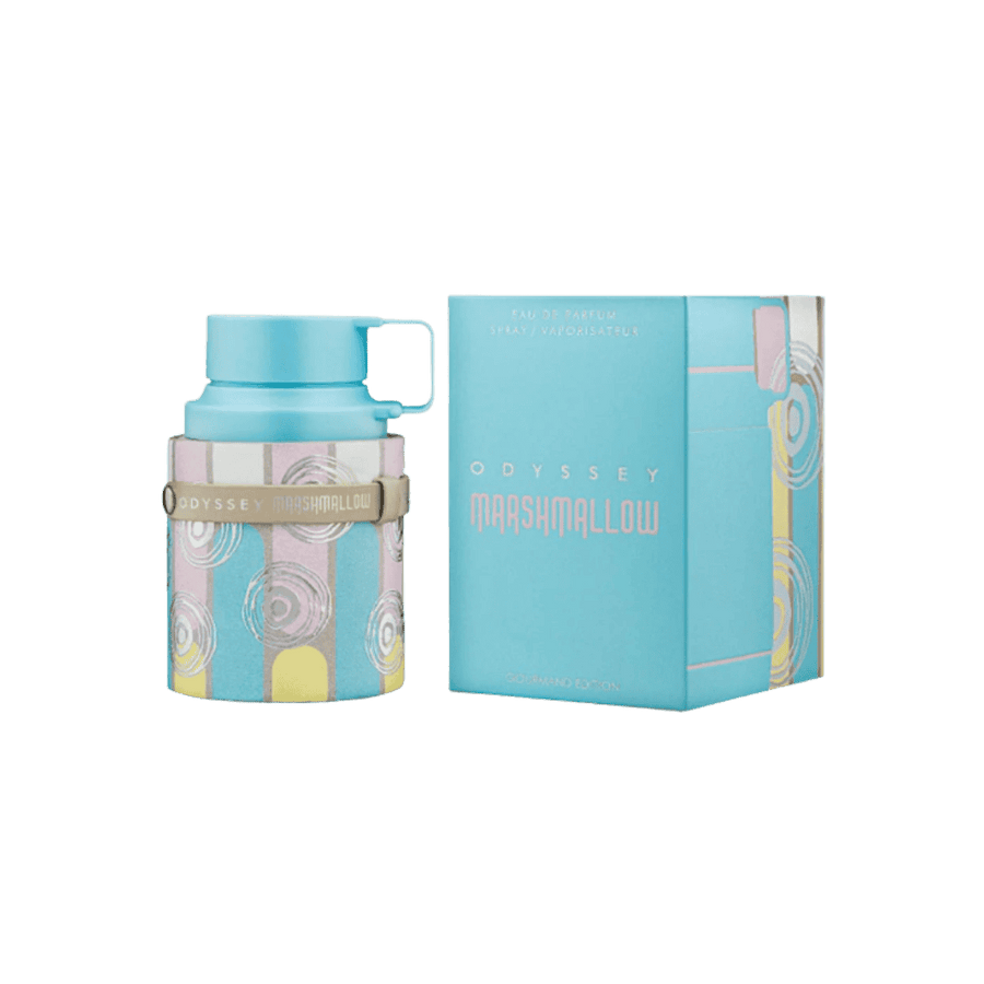 Odyssey Marshmallow eau de parfum spray bottle with box, colorful design fragrance packaging, Gourmand Edition perfume.