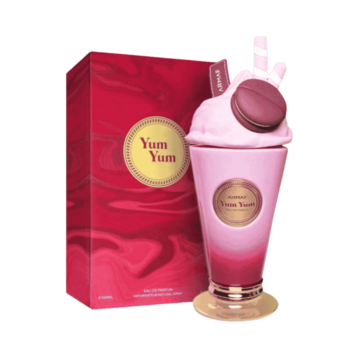 Armaf Yum Yum eau de parfum spray bottle with box, pink dessert-shaped fragrance design, 100ml perfume packaging.