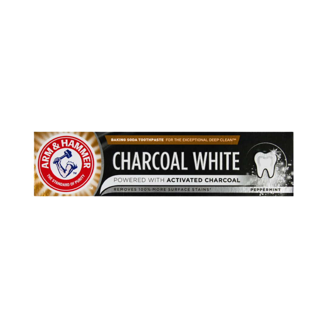 Arm & Hammer Charcoal White Baking Soda Toothpaste, powered with activated charcoal, Peppermint flavor, 4.3 oz (121g) packaging.