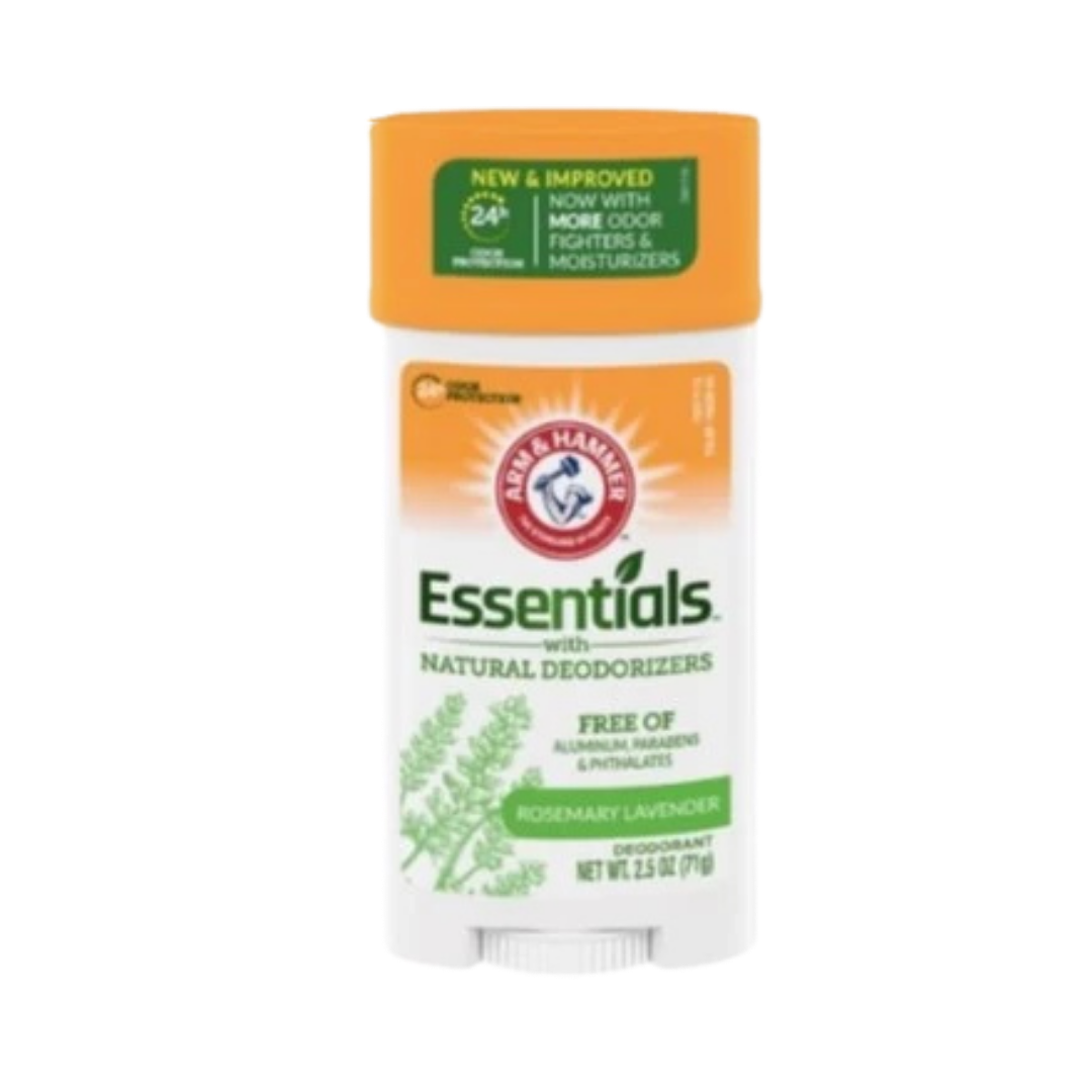 Arm & Hammer Essentials Deodorant, Rosemary Lavender scent, 2.5 oz (71g), with natural deodorizers, free of aluminum, parabens, and phthalates.