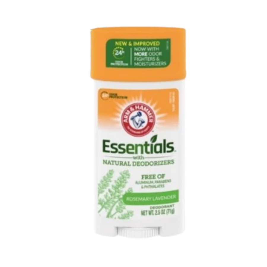 Arm & Hammer Essentials Deodorant, Rosemary Lavender scent, 2.5 oz (71g), with natural deodorizers, free of aluminum, parabens, and phthalates.