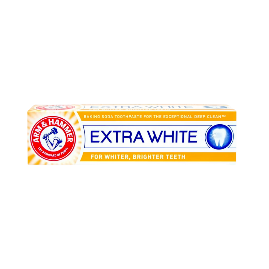 Arm & Hammer Extra White Baking Soda Toothpaste, for whiter and brighter teeth, 4.3 oz (121g) packaging.