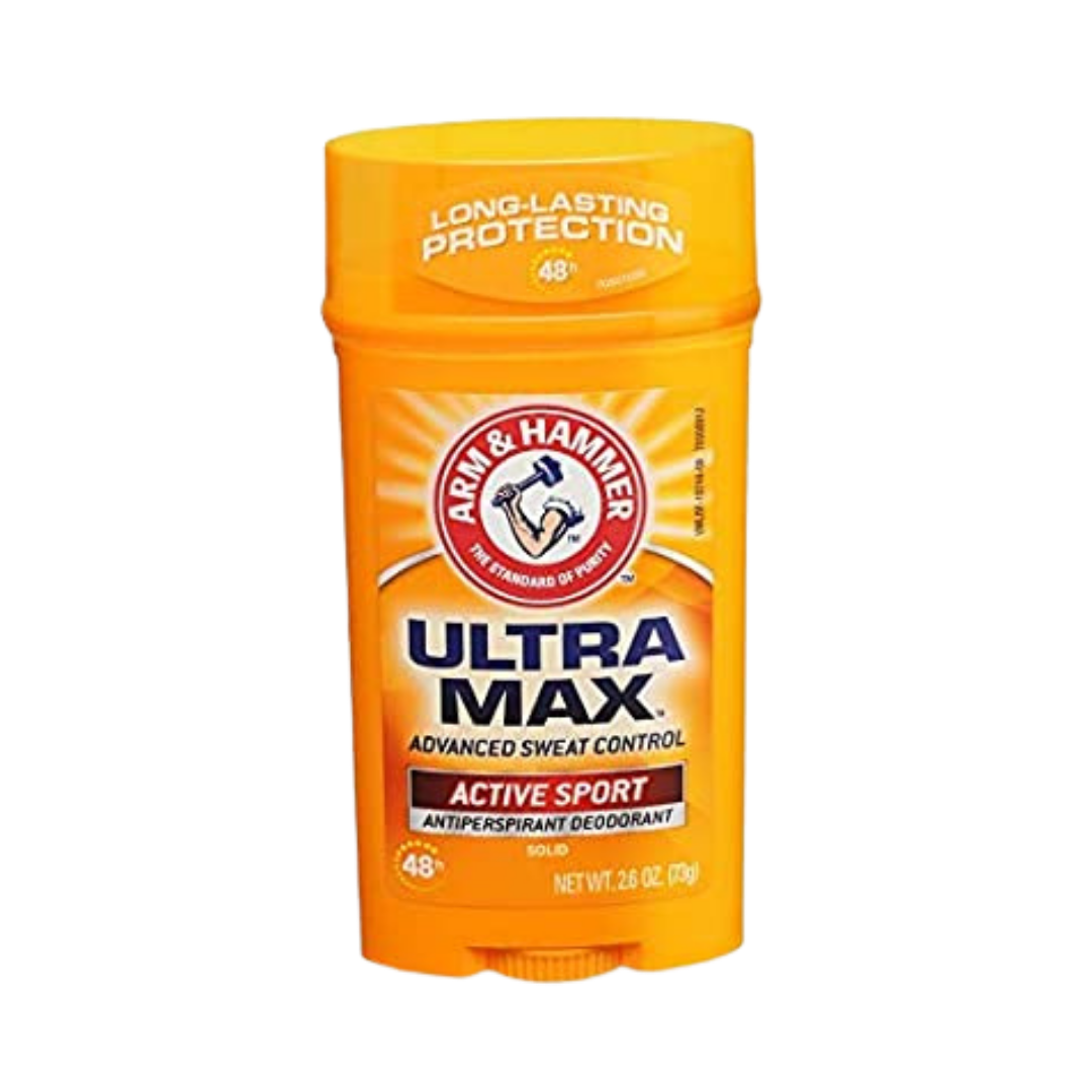 Arm & Hammer UltraMax Antiperspirant Deodorant, Active Sport scent, 2.6 oz (73g), solid stick packaging.