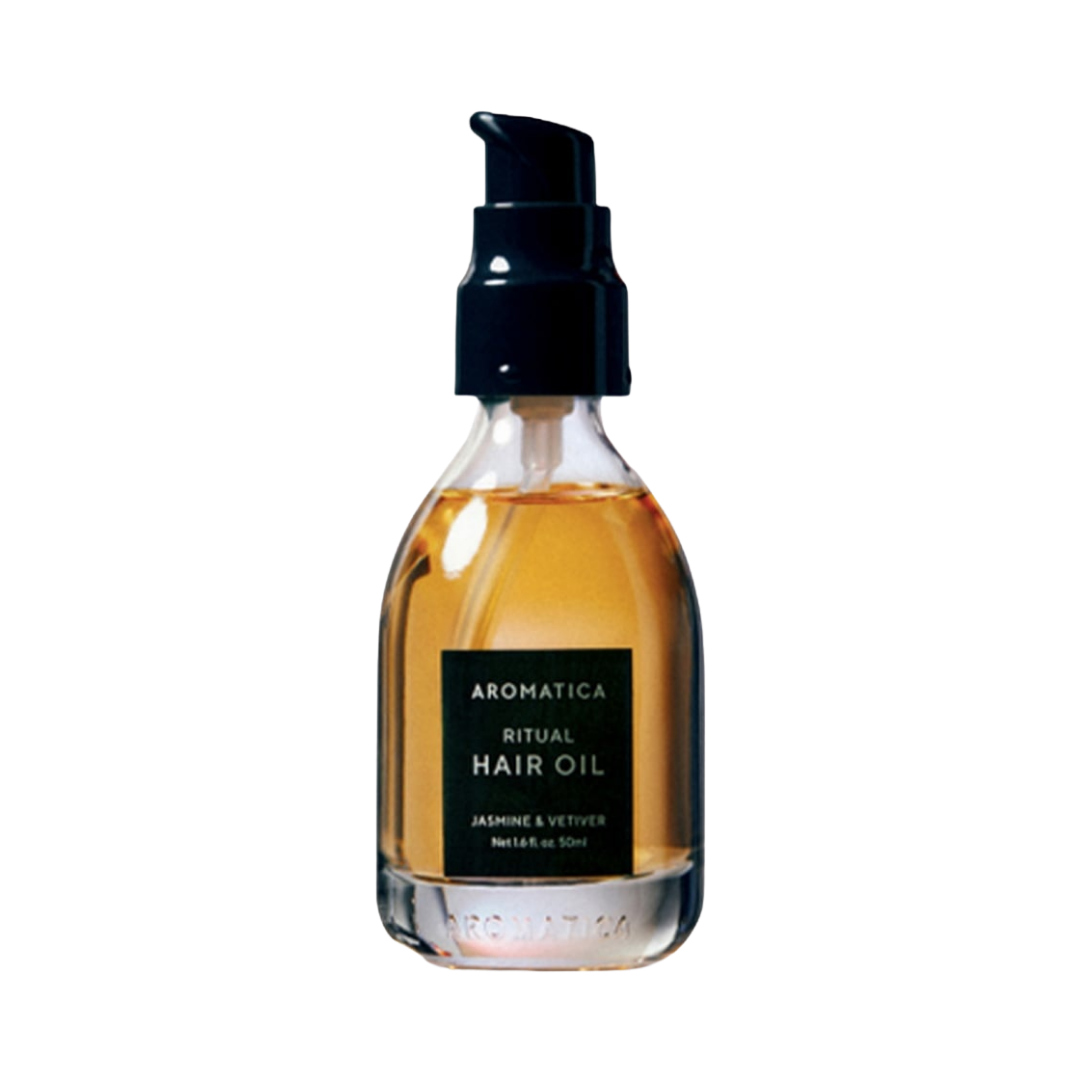 Aromatica Ritual Hair Oil, Jasmine & Vetiver, 50ml, glass bottle with pump dispenser.