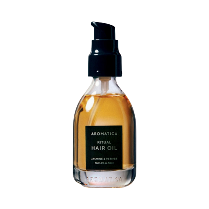 Aromatica Ritual Hair Oil, Jasmine & Vetiver, 50ml, glass bottle with pump dispenser.