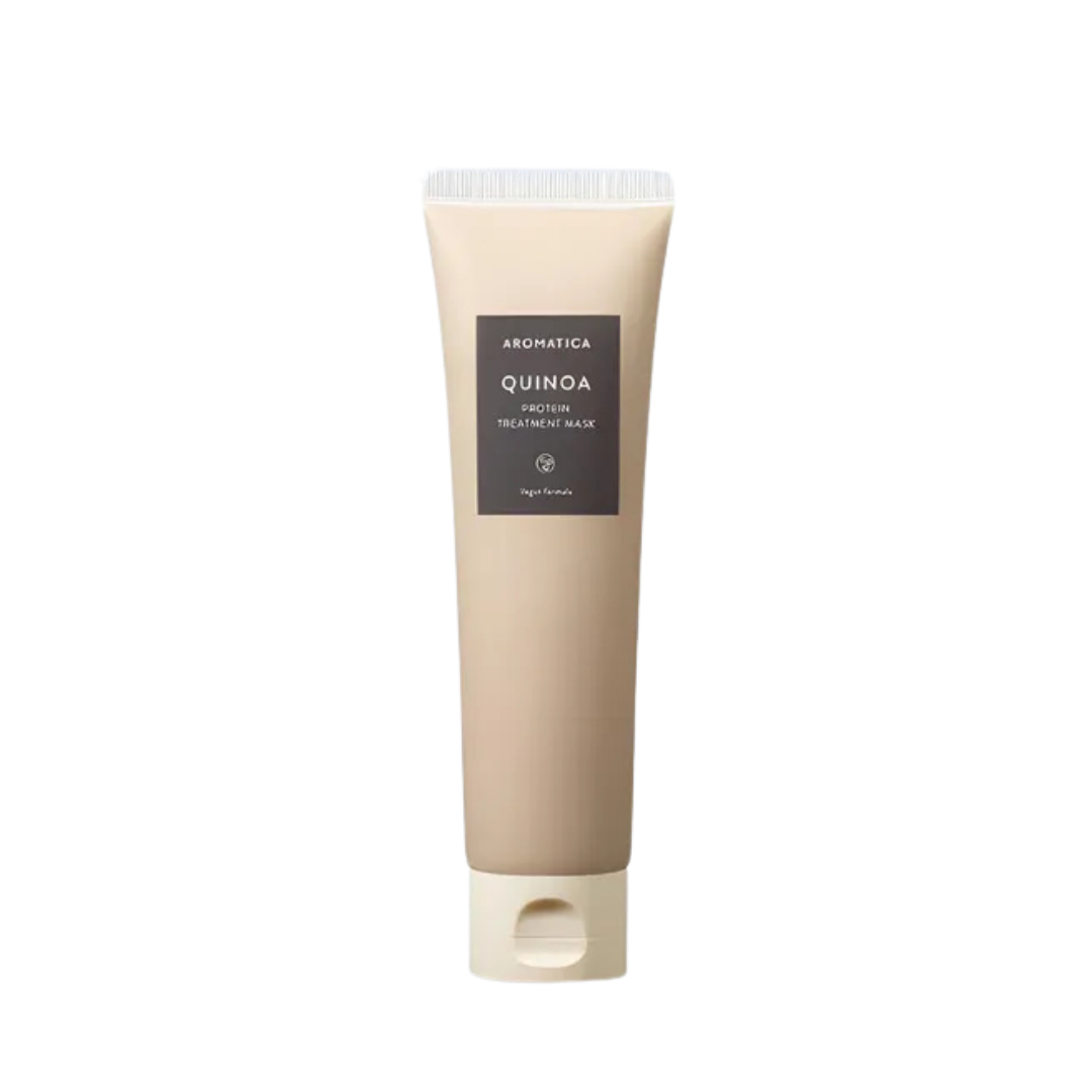 Aromatica Quinoa Protein Treatment Mask, vegan formula, beige packaging with dark label, 300 ml size.