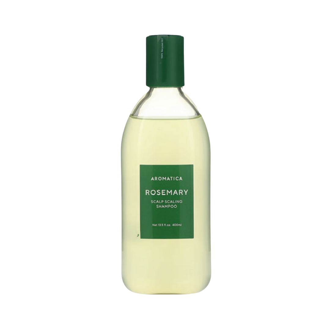Aromatica Rosemary Scalp Scaling Shampoo, vegan formula, 400ml bottle packaging.