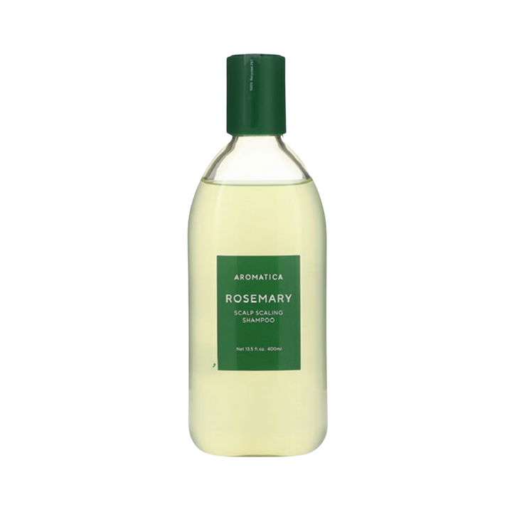 Aromatica Rosemary Scalp Scaling Shampoo, vegan formula, 400ml bottle packaging.