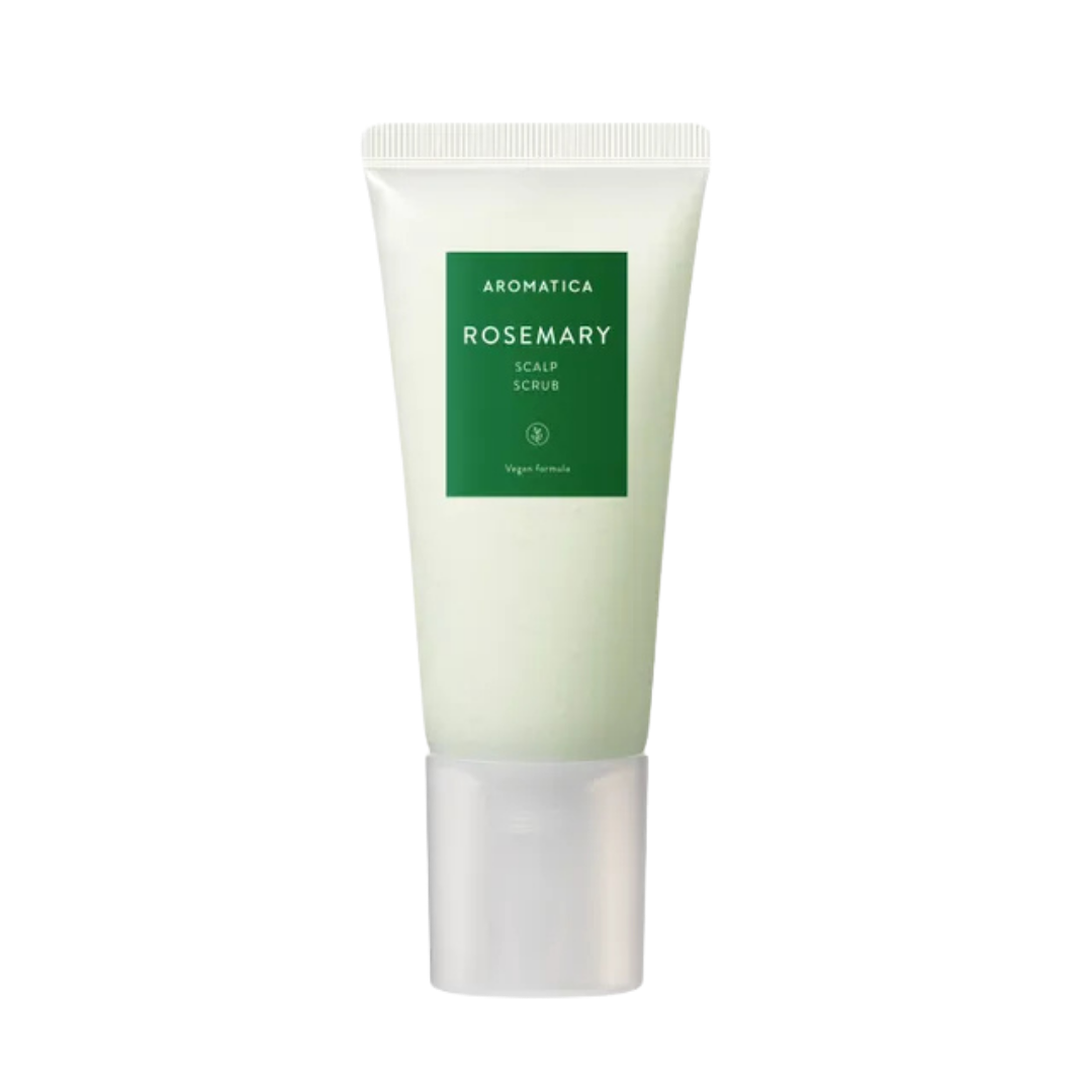 Aromatica Rosemary Scalp Scrub, vegan formula, 100 ml, green packaging, for scalp exfoliation.