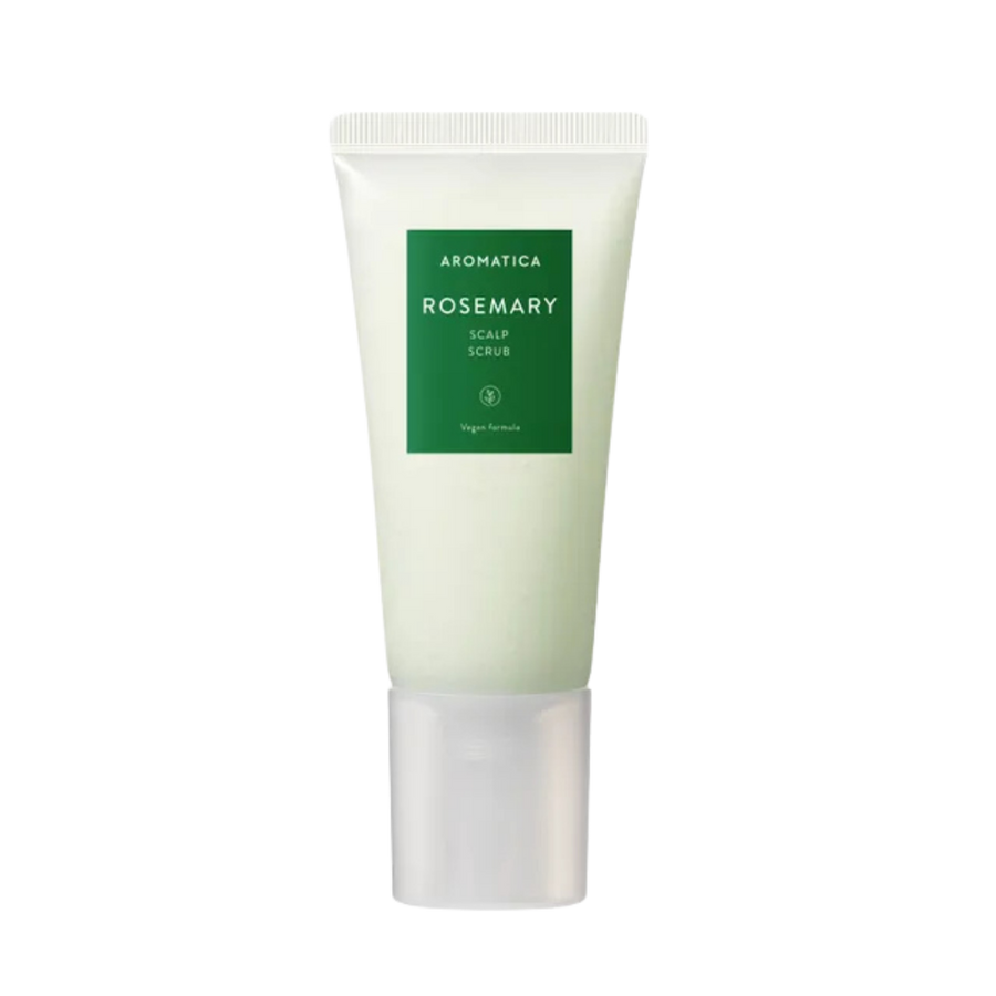 Aromatica Rosemary Scalp Scrub, vegan formula, 100 ml, green packaging, for scalp exfoliation.