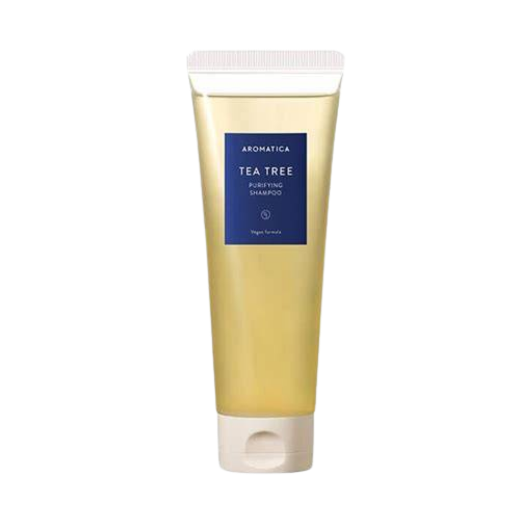 Aromatica Tea Tree Purifying Shampoo, 300 ml, vegan formula, gold packaging with blue label.