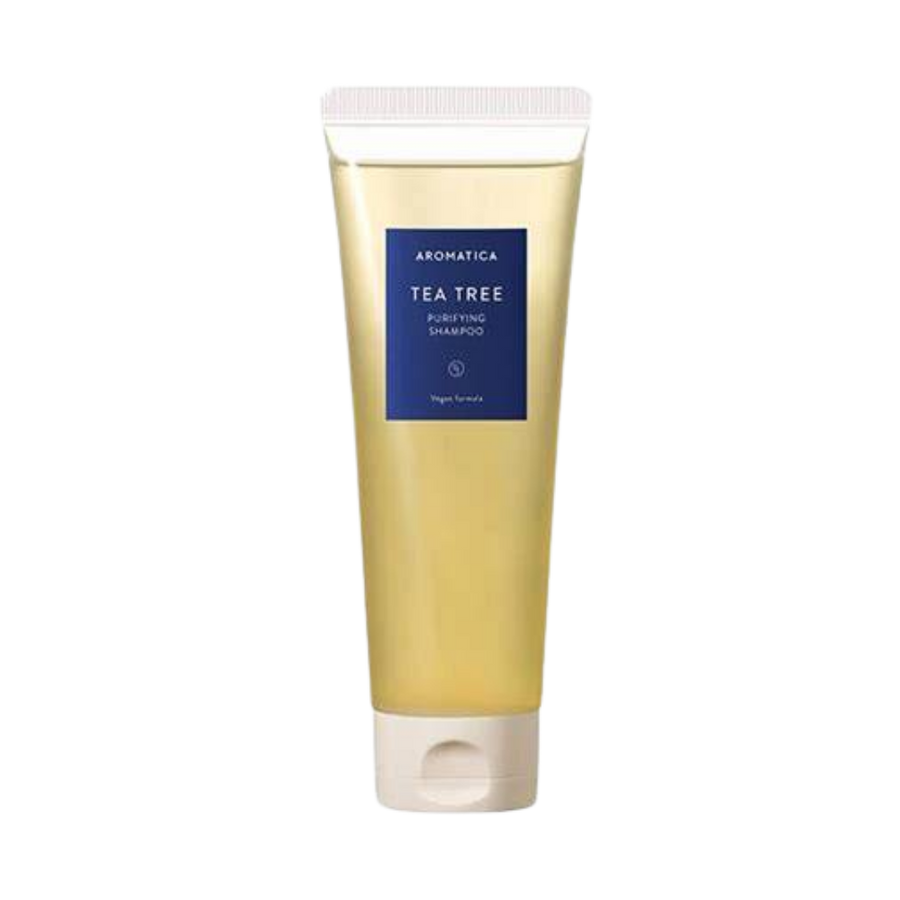Aromatica Tea Tree Purifying Shampoo, 300 ml, vegan formula, gold packaging with blue label.
