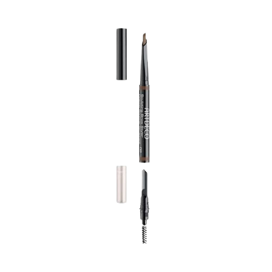 ARTDECO eyebrow pencil with angled tip, brown shade core, built-in spoolie brush, removable caps, slim black packaging