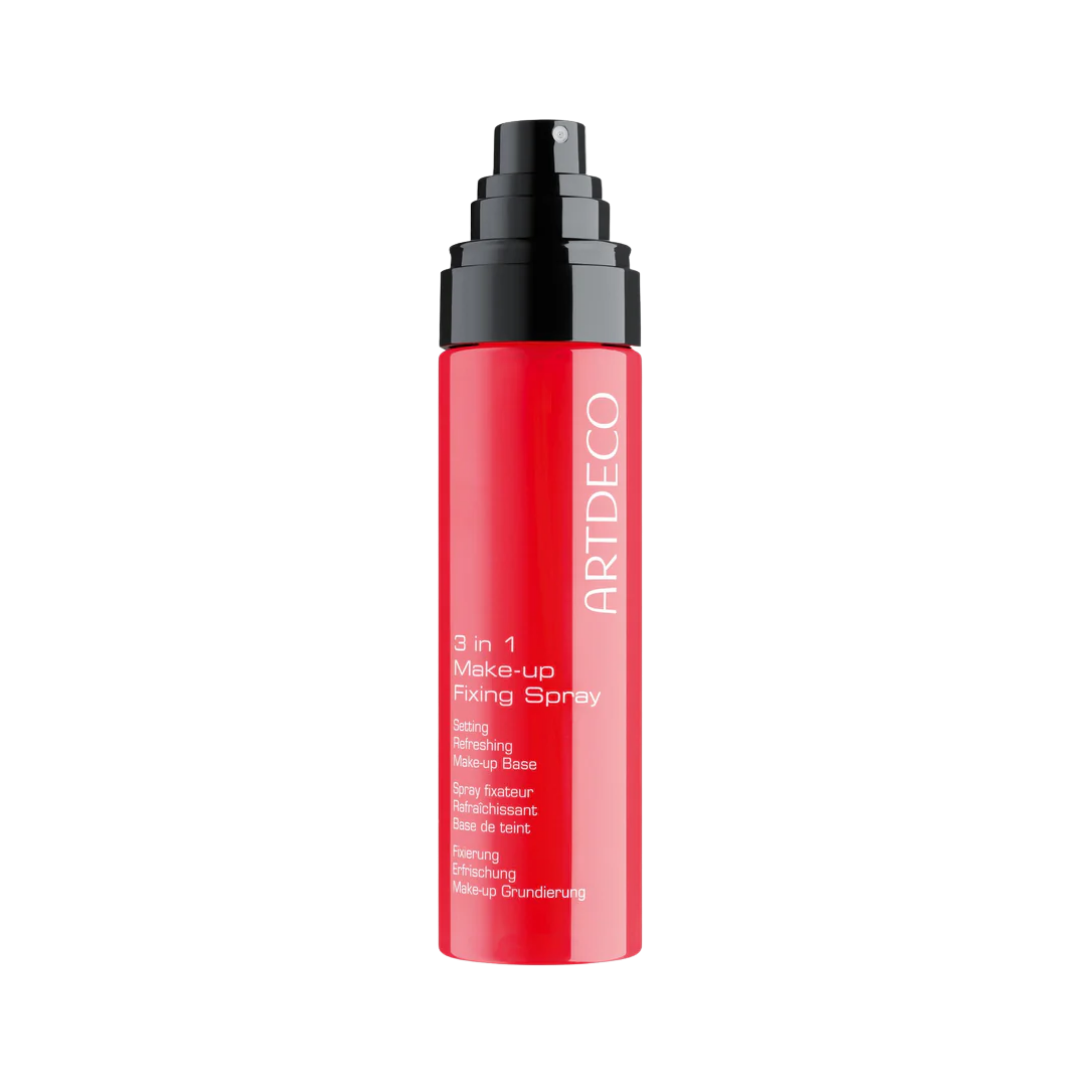 ARTDECO 3 in 1 Make-up Fixing Spray, red bottle with black pump, used for setting, refreshing, and as a makeup base.
