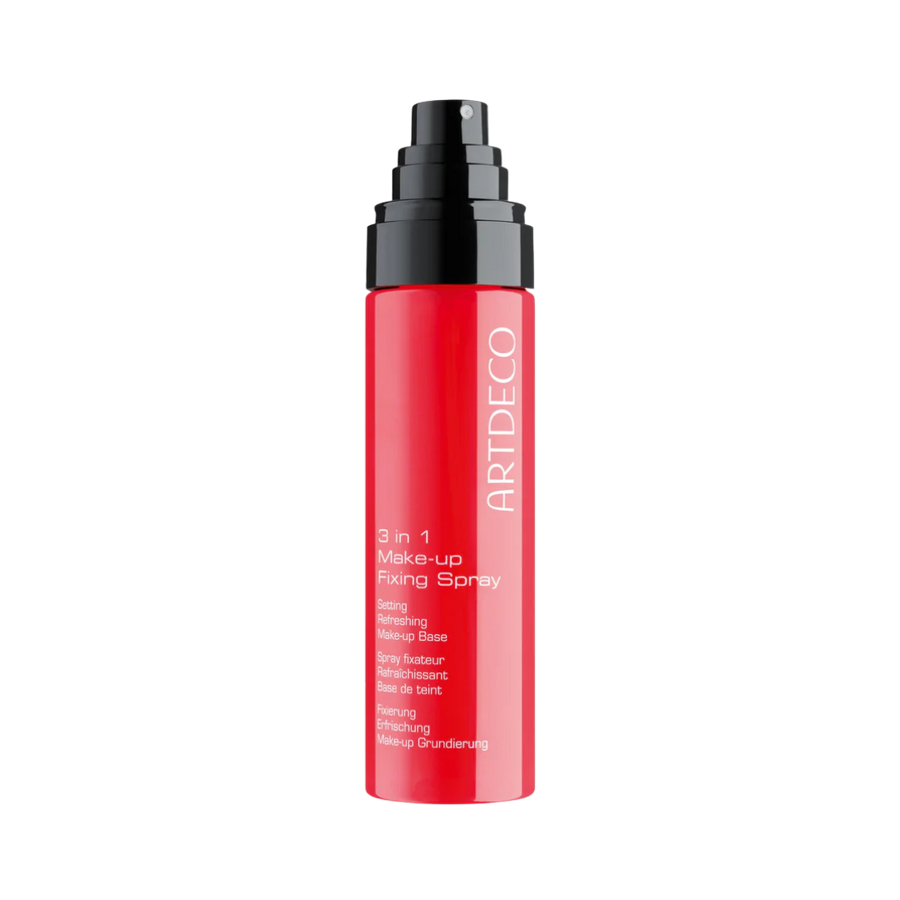 ARTDECO 3 in 1 Make-up Fixing Spray, red bottle with black pump, used for setting, refreshing, and as a makeup base.
