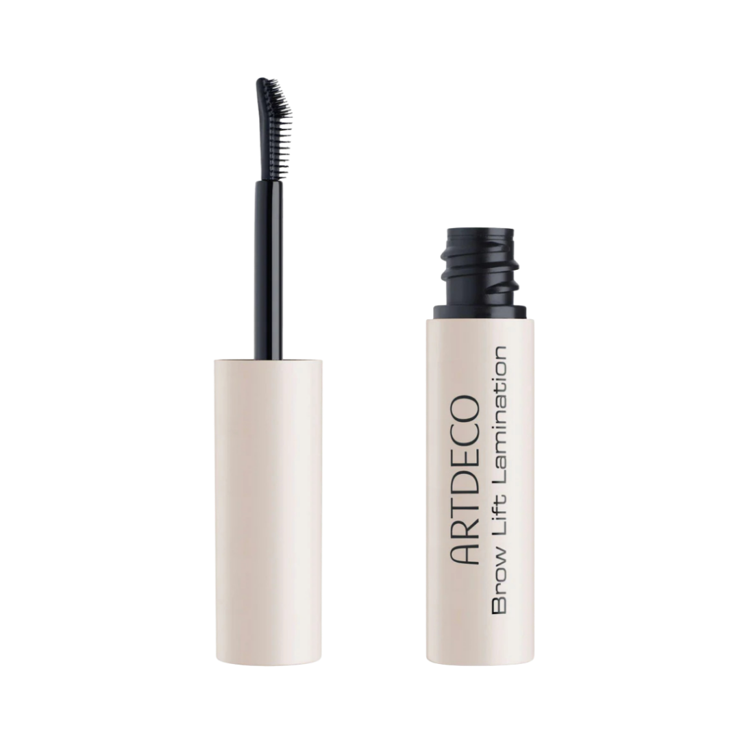 ARTDECO Brow Lift Lamination brow gel with spoolie applicator, beige cylindrical tube, open packaging showing brush