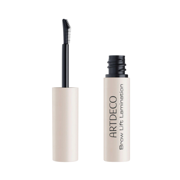 ARTDECO Brow Lift Lamination brow gel with spoolie applicator, beige cylindrical tube, open packaging showing brush