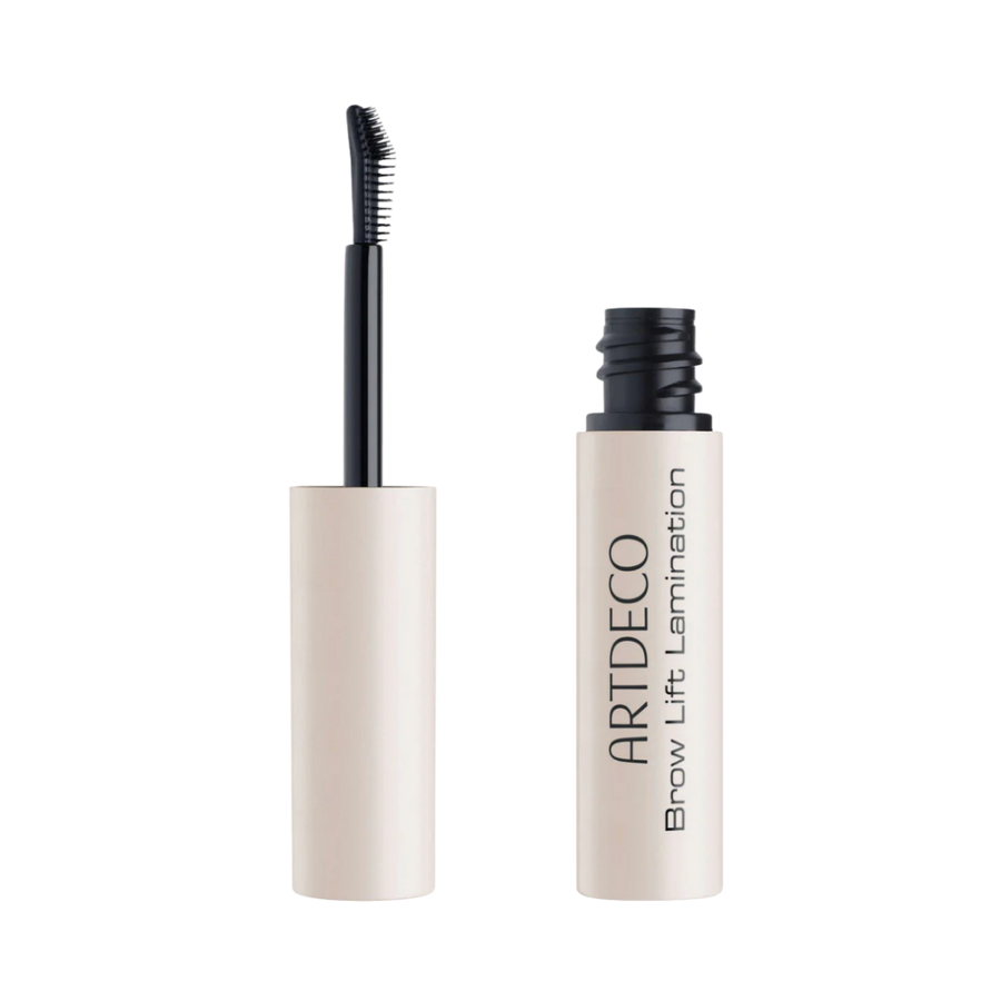 ARTDECO Brow Lift Lamination brow gel with spoolie applicator, beige cylindrical tube, open packaging showing brush