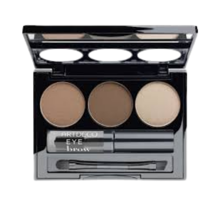ARTDECO Eye Brow Powder Kit, includes three shades, with applicator brush and eyebrow gel, in a compact case.