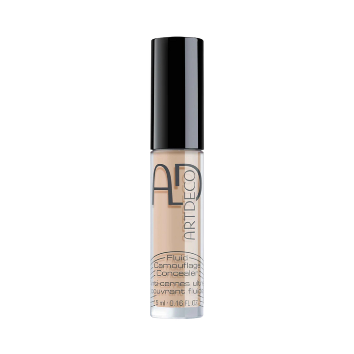 ARTDECO Fluid Camouflage Concealer, 5ml, beige shade, with a black cap and transparent packaging.