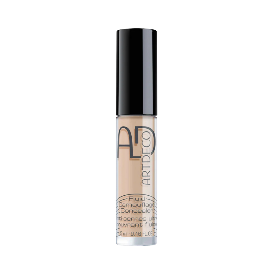 ARTDECO Fluid Camouflage Concealer, 5ml, beige shade, with a black cap and transparent packaging.