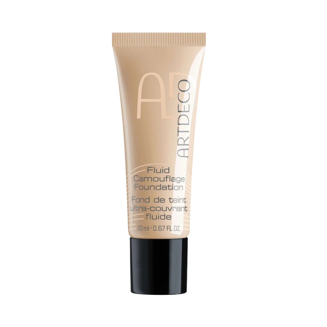 ARTDECO Fluid Camouflage Foundation, 20ml, beige shade, with a black base and a tube packaging.