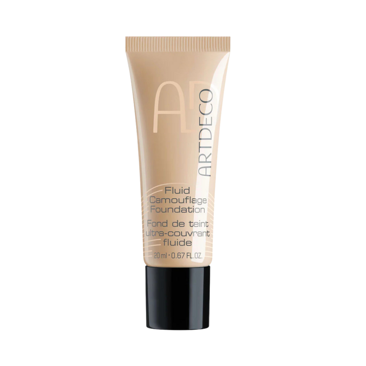 ARTDECO Fluid Camouflage Foundation, 20ml, beige shade, with a black base and a tube packaging.