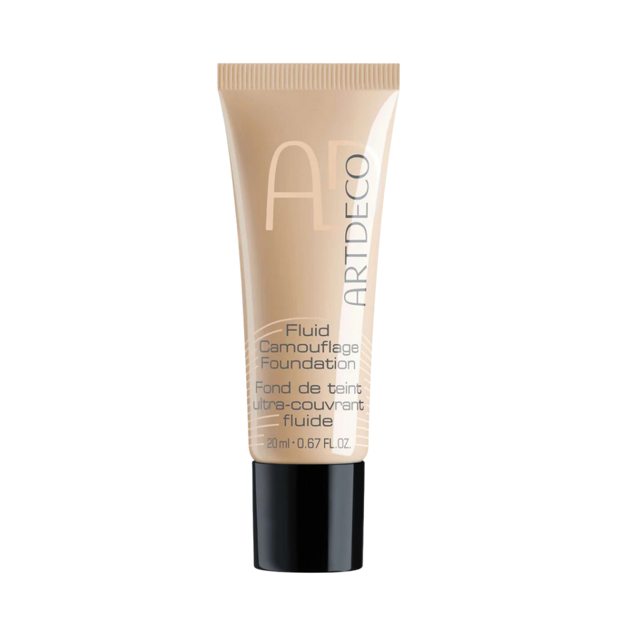 ARTDECO Fluid Camouflage Foundation, 20ml, beige shade, with a black base and a tube packaging.