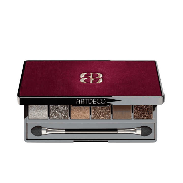 ARTDECO eyeshadow palette with burgundy lid, six shimmer shades, and dual-ended applicator