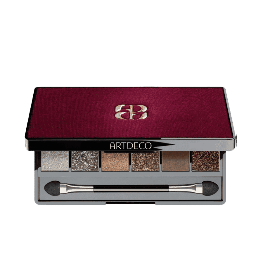 ARTDECO eyeshadow palette with burgundy lid, six shimmer shades, and dual-ended applicator