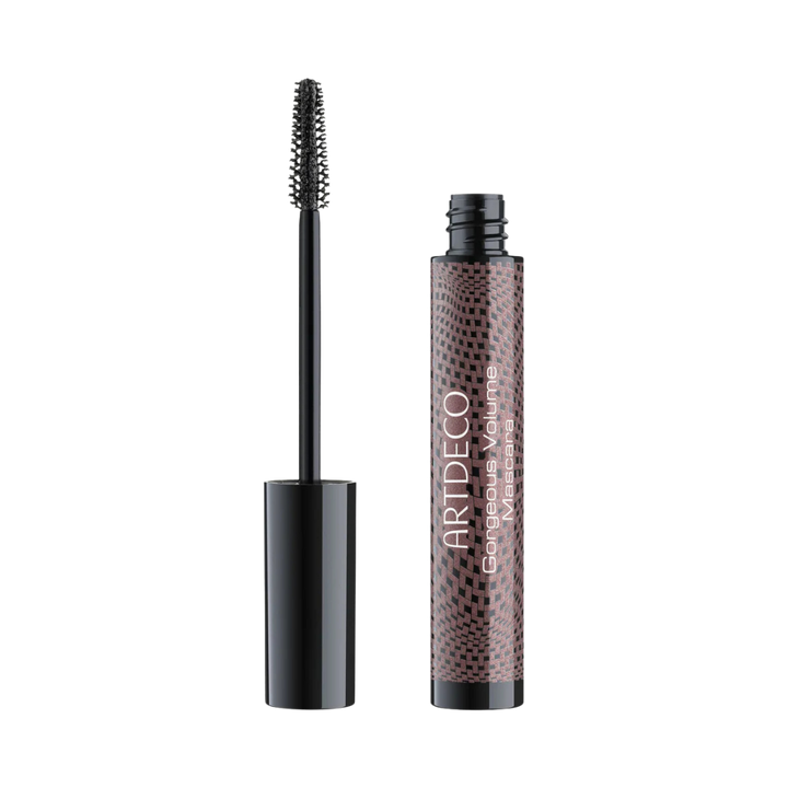 ARTDECO Gorgeous Volume mascara with black wand applicator, cylindrical patterned tube, open packaging showing brush