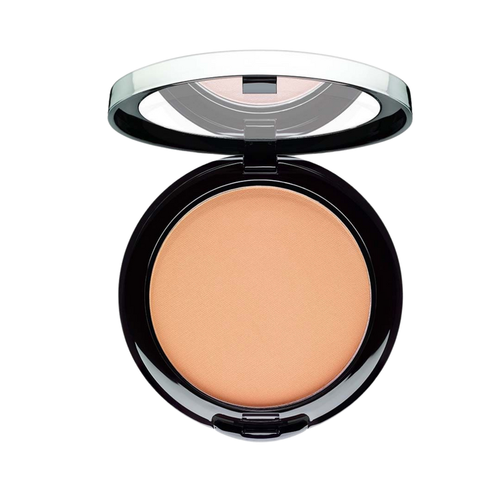Loose powder foundation in a compact, neutral beige color, black plastic packaging with clear lid.