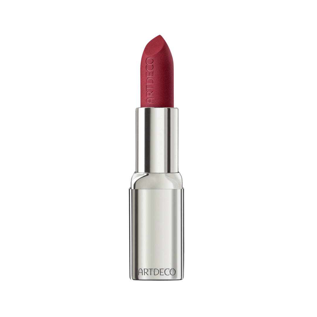 ARTDECO lipstick in a silver bullet, with a deep red shade and engraved brand logo.