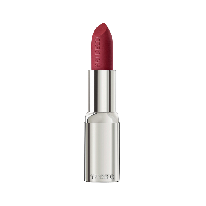 ARTDECO lipstick in a silver bullet, with a deep red shade and engraved brand logo.