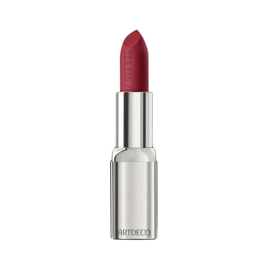 ARTDECO lipstick in a silver bullet, with a deep red shade and engraved brand logo.