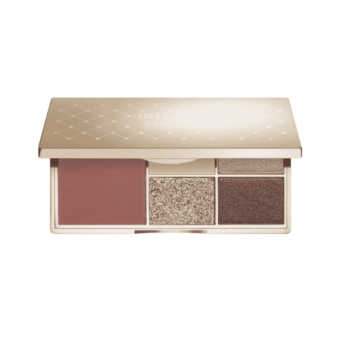 ARTDECO Illusion Palette with blush, eyeshadows, and packaging details, showcasing a mix of matte and shimmer shades.