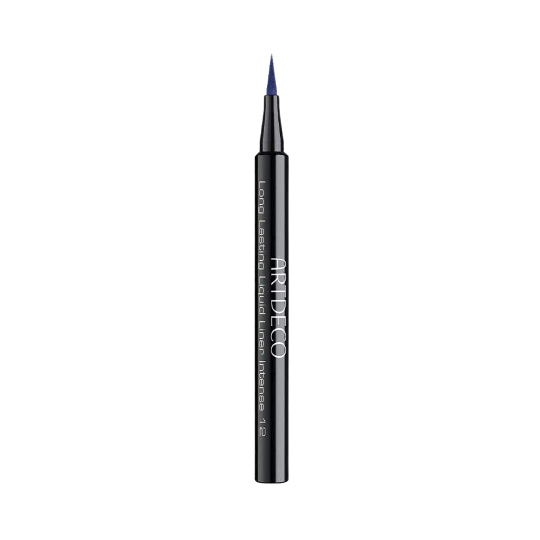 ARTDECO Long Lasting Liquid Liner, intense blue color, with a fine tip applicator, black packaging.