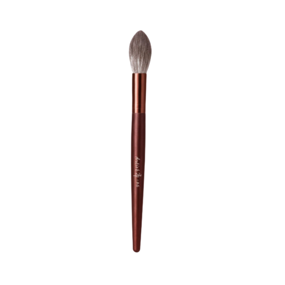Makeup blending brush with brown wooden handle and soft tapered bristles for eyeshadow application.