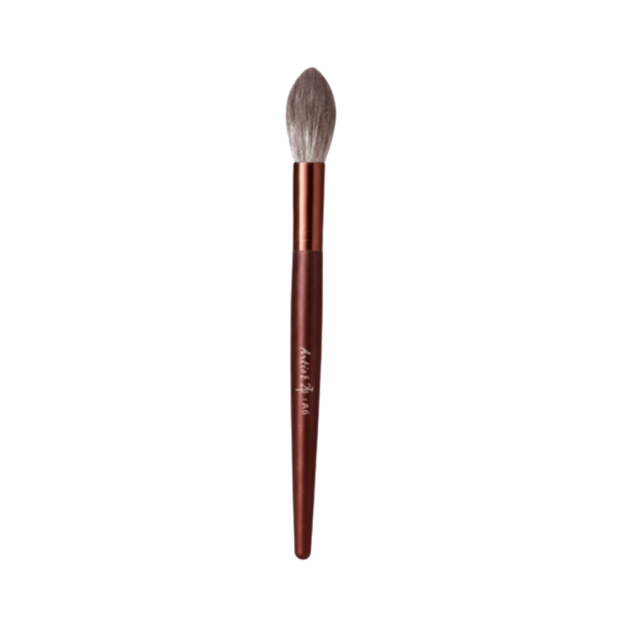 Makeup blending brush with brown wooden handle and soft tapered bristles for eyeshadow application.