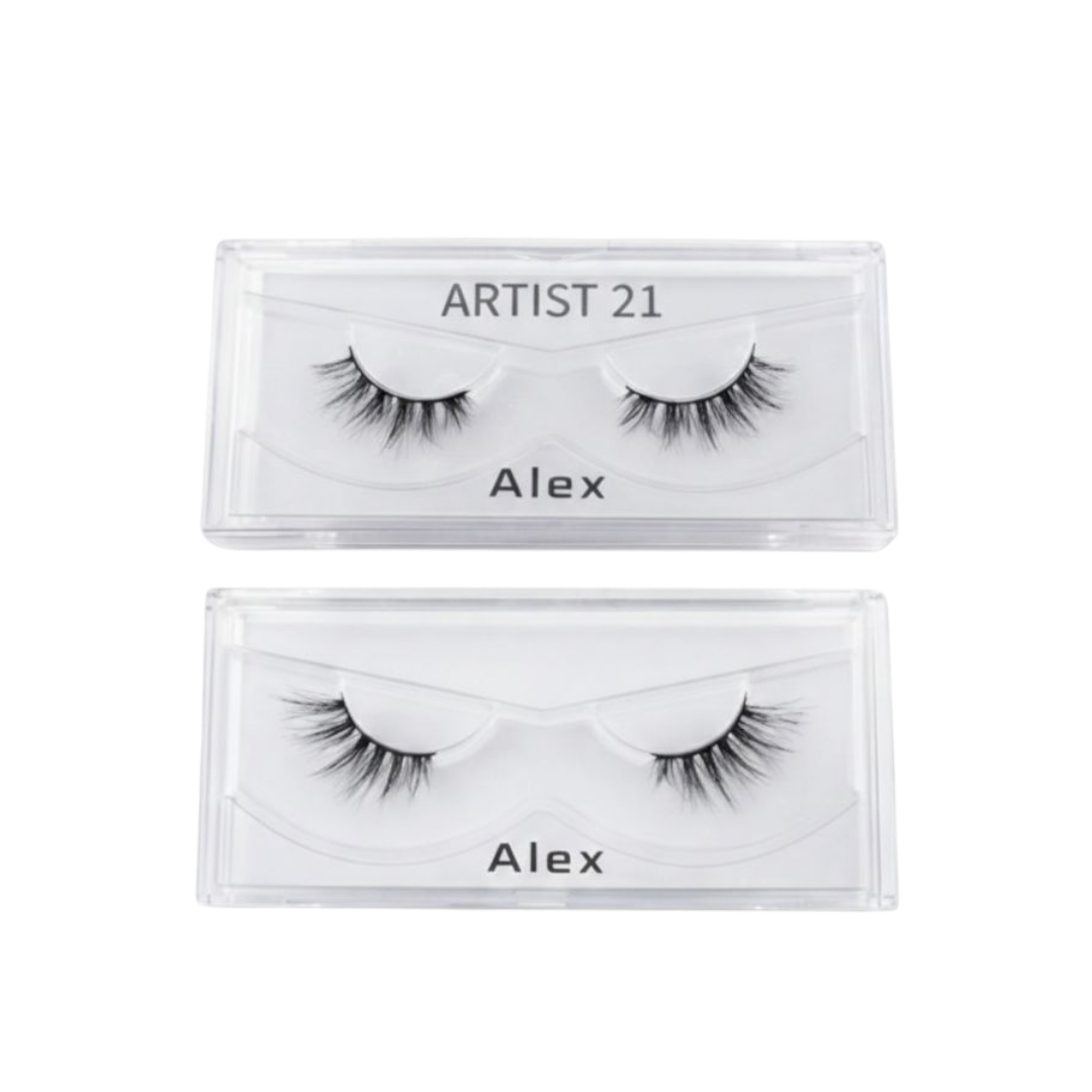 Artist 21 Alex false eyelashes set in clear rectangular plastic case.
